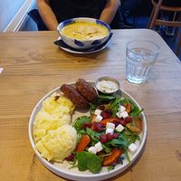 Soup and Soy patties at Lokal Vegan Bistro in Warsaw