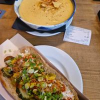 Hot dog and cheese soup at Lokal Vegan Bistro in Warsaw
