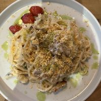 Spaghetti Carbonara - delicious 😋   at Lokal Vegan Bistro in Warsaw