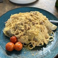 Spaghetti ”Carbonara"  at Lokal Vegan Bistro in Warsaw