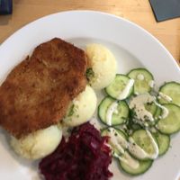 soy cutlet with mashed potatoes and vegan salad at Lokal Vegan Bistro in Warsaw