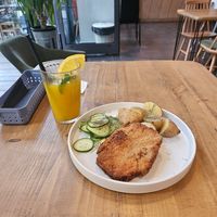 Fried cutlet and mango lemonade at Lokal Vegan Bistro in Warsaw