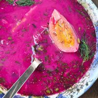 cold beetroot soup at Lokal Vegan Bistro in Warsaw