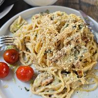 Spaghetti carbonara at Lokal Vegan Bistro in Warsaw
