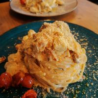 Makaron carbonare at Lokal Vegan Bistro in Warsaw