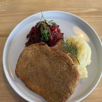 Schabowy (soy-based) with potatoes and beetroot salad at Lokal Vegan Bistro in Warsaw