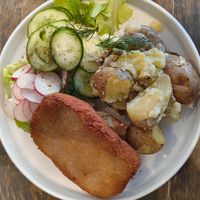 Schnitzel, Kartoffeln, Salat at Lokal Vegan Bistro in Warsaw