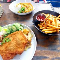 Polish cutlet & Indian spicy food + fries at Lokal Vegan Bistro in Warsaw