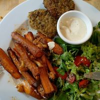 Zuchinni millet patties at Lokal Vegan Bistro in Warsaw