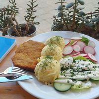 Schabowy with salad and potatoes at Lokal Vegan Bistro in Warsaw