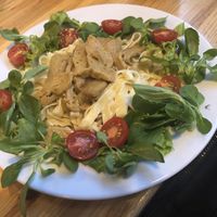 Creamy seitan ”chicken” pasta at Lokal Vegan Bistro in Warsaw