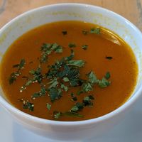 Pumpkin noodle soup at Lokal Vegan Bistro in Warsaw