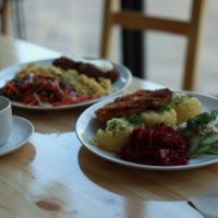 Cutlet with potatoes + cucumber & beetroot salad at Lokal Vegan Bistro in Warsaw
