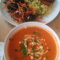 tomato soup and beetroot cutlets at Lokal Vegan Bistro in Warsaw