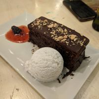 choclate cake with coconut ice cream at VIVA in Madrid