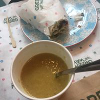 Thai curry soup and falafel wrap at Greenway in Brussels