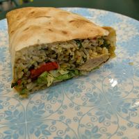 Vietnamese burrito stuffed with flavoured rice, fake chicken, veg, edamame, cilantro and mayo. Very tasty! at Greenway in Brussels