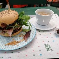 Black bean burger with a Soya Latte and brownie at Greenway in Brussels