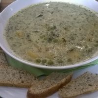 potato, peas and herbs stew - varivo with hemp bread at Sumski Kuhar in Zagreb