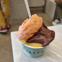Peach (on top), gianduia, fig at Ciacco Gelato Senz'altro in Milan