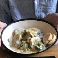 Ravioli with almond cheeze, broccoli, mushrooms at La Colmena in San Andres Cholula