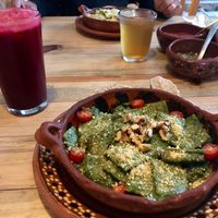Vegan ravioli with pesto sauce and “Parmesan” cheese at La Colmena in San Andres Cholula
