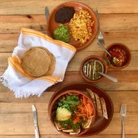 Tofu dish and rice bowl for breakfast.  at La Colmena in San Andres Cholula