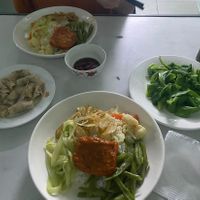 Two com dia, spring rolls and fried cabbage  at Thien Phu in Hue