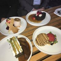 Desserts: 
top left: upside fown keylime pie
top right: sticky date pudding 
bottom right: blood orange sorbet
bottom left: lemon myrtle & chai poached whole pear at Bodhi in Sydney