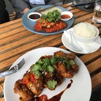 Front: Light Crispy Finger Eggplant main; Back: sweet potato Gnocchi at Bodhi in Sydney