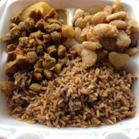 mixed plate. rice with black eyes peas. Lima beans. potatoes & soy nuggets.  at Strictly Vegetarian in Brooklyn