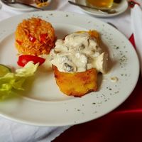 Tofu-corn schnitzel with mushroom sauce at Blumenhotel Restaurant in Bergneustadt