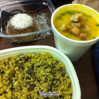 Pumpkin Soup, Mushroom risotto and banana pie with no added sugar at Vegetariano Social Clube Delivery in Rio De Janeiro