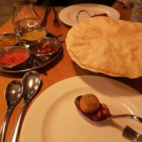 Popdoms and vegan accompaniments, plus taster of a new dish for feedback. at Prashad in Bradford