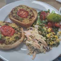 "pizza" and salad with coleslaw at The Mayor's Cafe in Bedworth