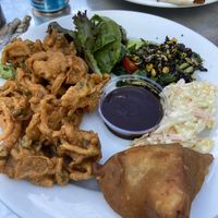 Asian savoury selection, aka pakora and samosa. Very tasty and not too spicy   at The Mayor's Cafe in Bedworth