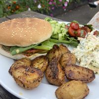 Vegan burger & potatoes  at The Mayor's Cafe in Bedworth