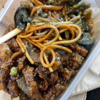 Noodles with a spicy (I think tofu) and eggplant. at 96 Zen Etterem in Budapest