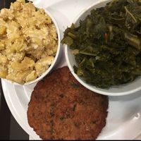 crab cake, Mac & cheese, collard greens at NuVegan in College Park
