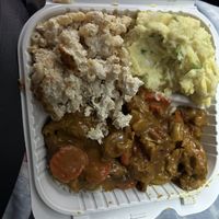 Curry chicken, potato salad, and macaroni. Huge portions and delicious  at NuVegan in College Park