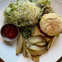 Black bean burger gf bun  at Eternal Abundance in Vancouver
