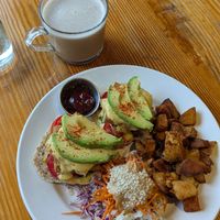 Tofu (but actually tempeh) Benny and London fog latte at Eternal Abundance in Vancouver