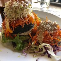 Raw Mushroom Burger on onion bread at Eternal Abundance in Vancouver