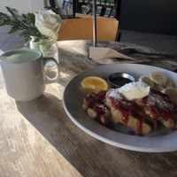 Matcha Latte and Waffles at Eternal Abundance in Vancouver
