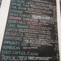 Juices/smoothies menu at Waratah Organics in Upper Ferntree Gully