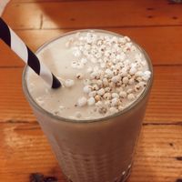Banana, mango, chai blend, dates, Maca and coconut milk smoothie.  at Waratah Organics in Upper Ferntree Gully