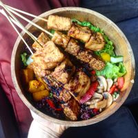 Amazing vegan salad with tofu and tempeh skewers at Kismet Bar & Kitchen  in Ubud