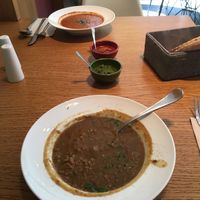 Lentil soup and tomato soup  at Nanoosh in Berlin