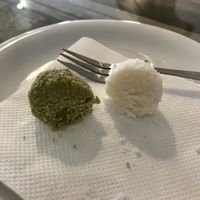 Matcha and plain coconut ball at Sweet Secret of Raw in Prague