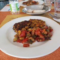 Vegetables (Zucchini, Egg plant, pepper) with Zucchini-carrot patty at Sparkling Cafe in Castellanza